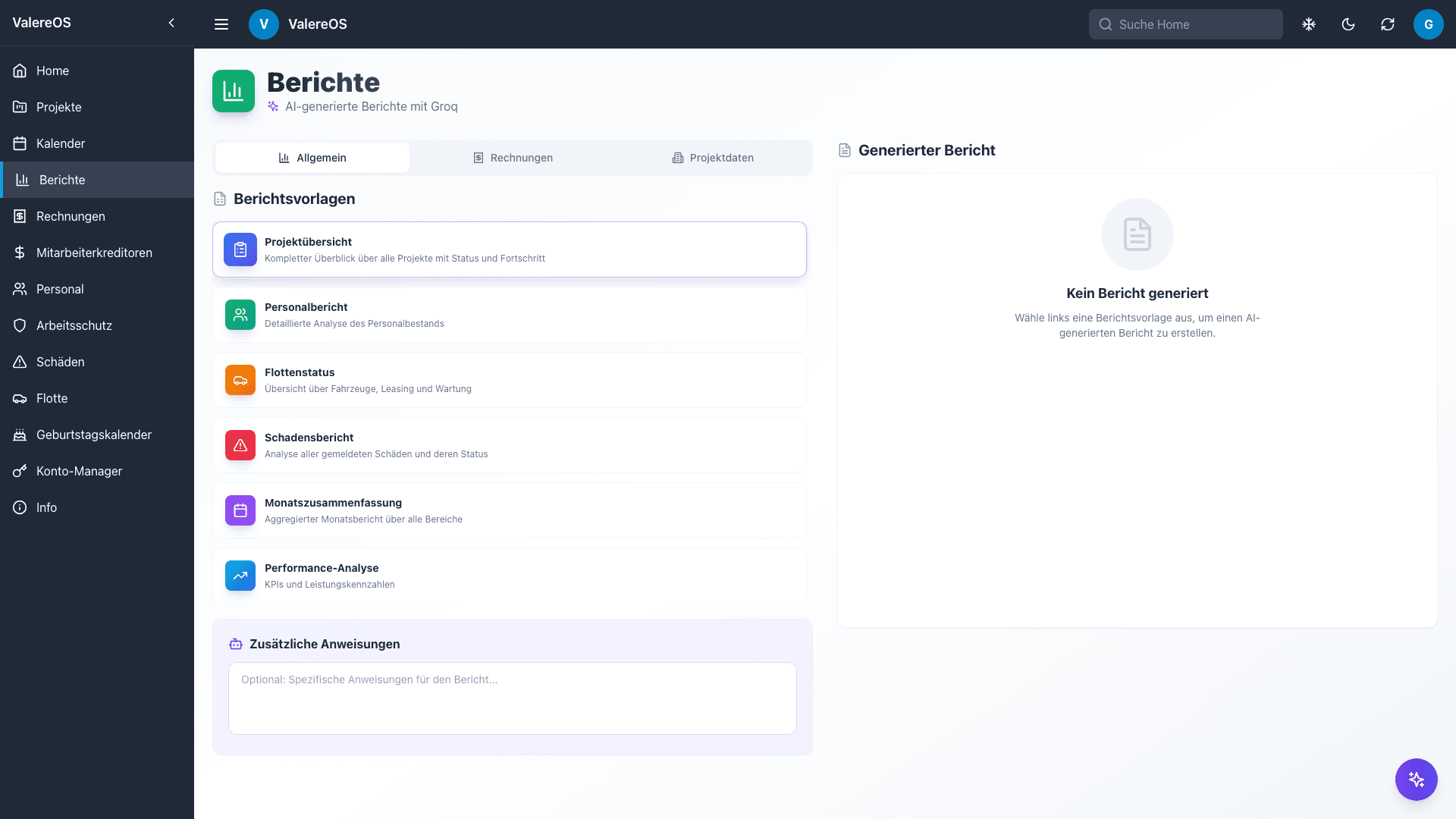 ValereOS Berichte - KI-gestützte Berichterstellung mit automatischer Generierung