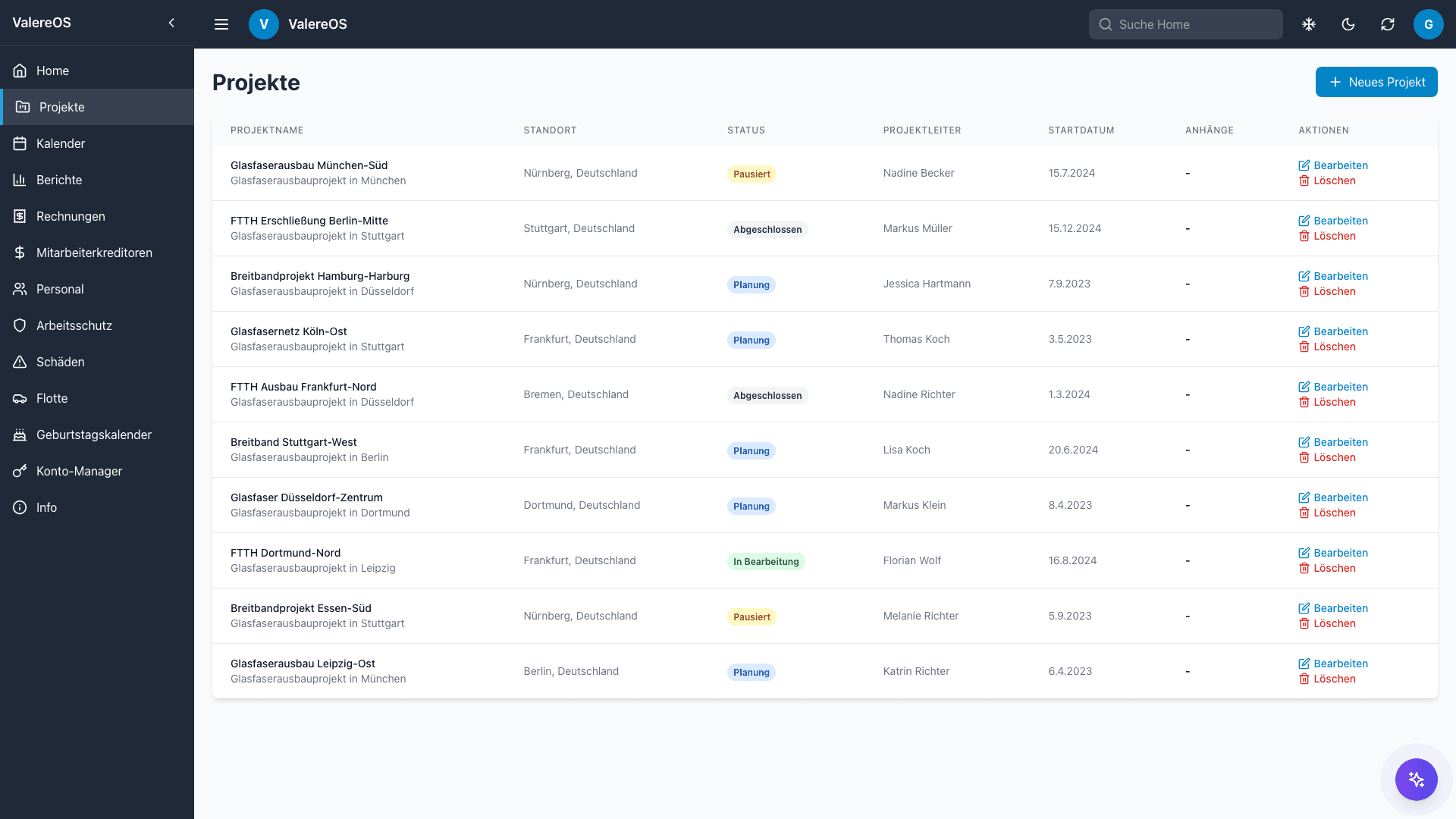 ValereOS Projekte - Übersicht aller FTTH/FTTx Projekte mit Status und Details