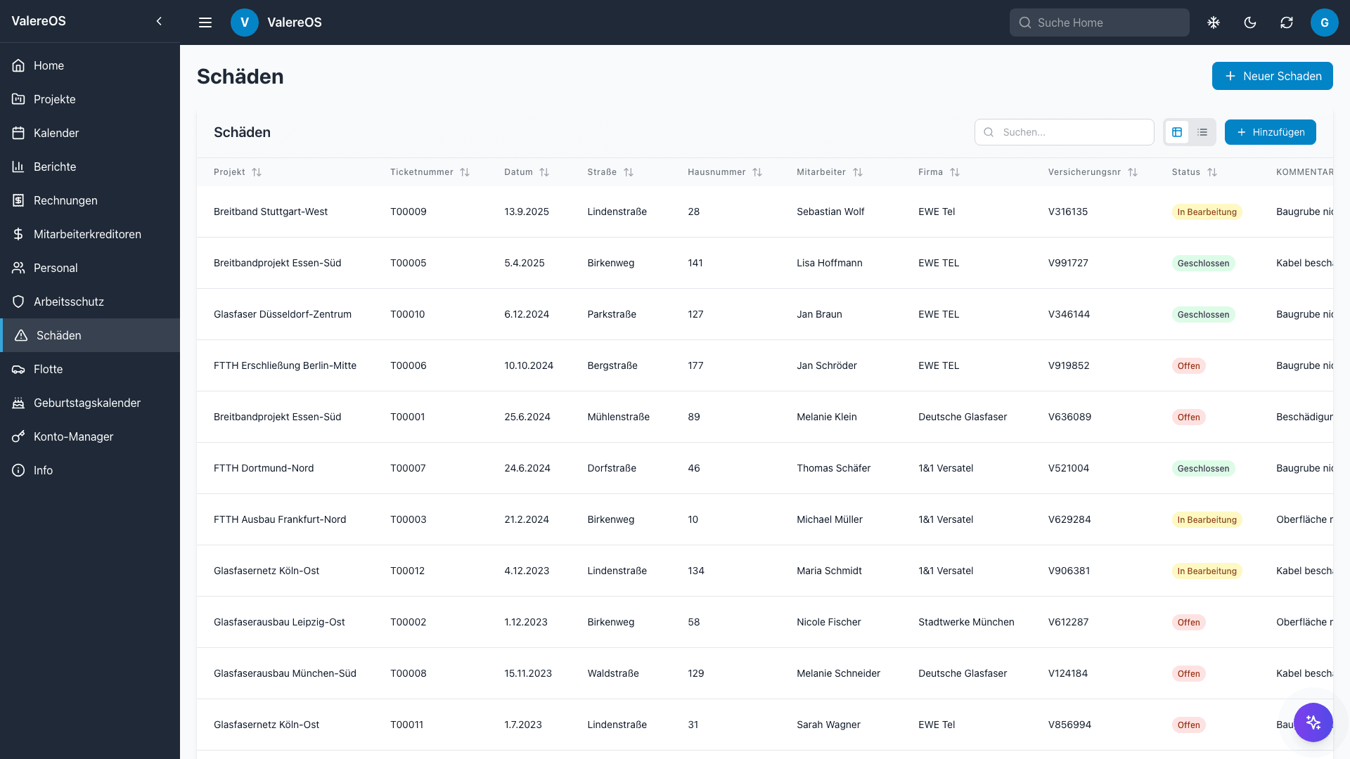 ValereOS Schäden - Schadensmanagement mit Status-Tracking und Dokumentation