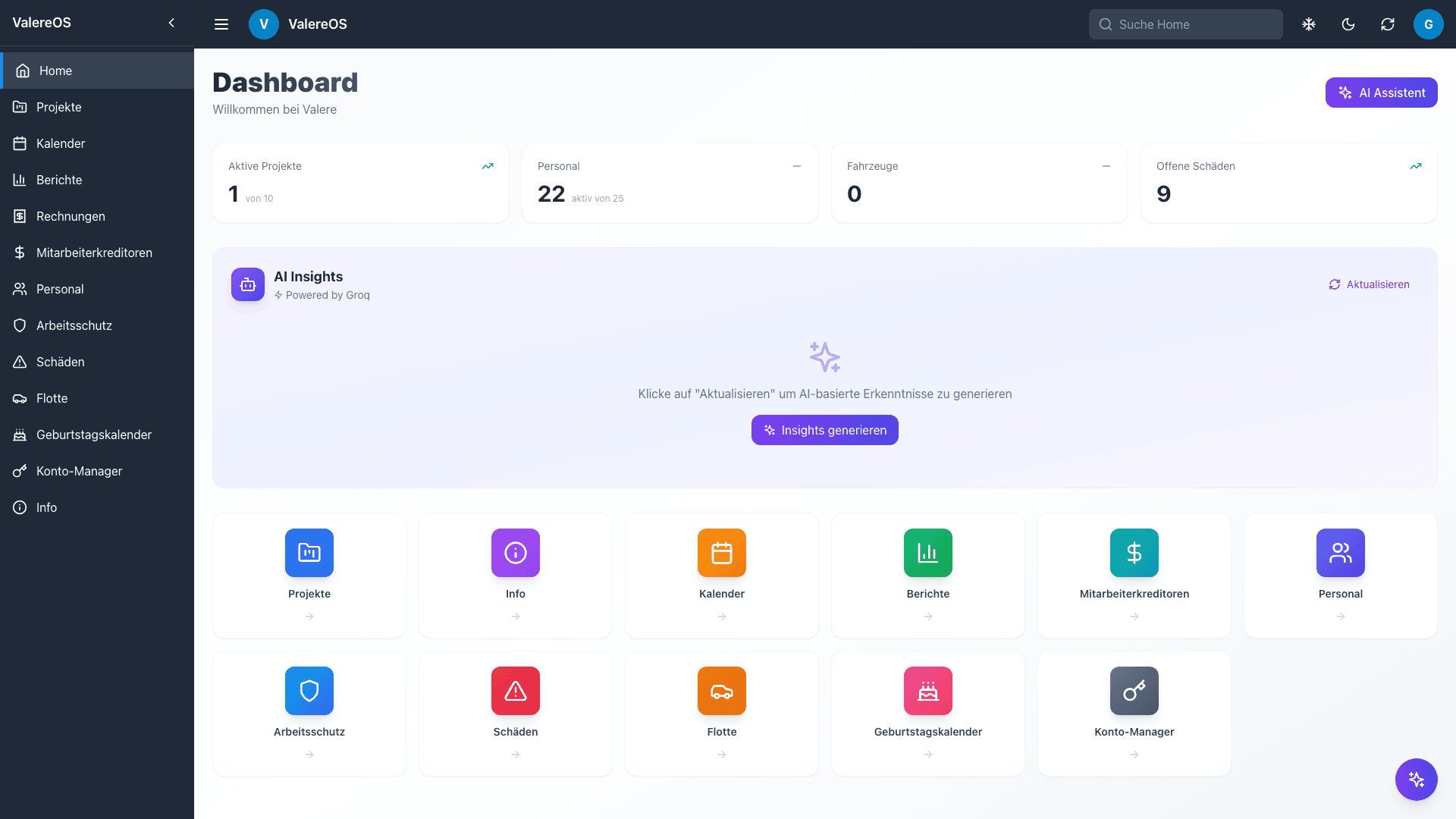 ValereOS Dashboard - Übersicht über aktive Projekte, Personal, Fahrzeuge und offene Schäden